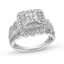 1.00 CT. T.W. Princess-Cut Multi-Diamond Double Frame Vintage-Style Engagement Ring in 10K White Gold