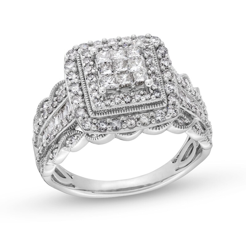1.00 CT. T.W. Princess-Cut Multi-Diamond Double Frame Vintage-Style Engagement Ring in 10K White Gold