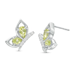 Pear-Shaped Peridot and White Lab-Created Sapphire Butterfly Outline Silhouette Stud Earrings in Sterling Silver