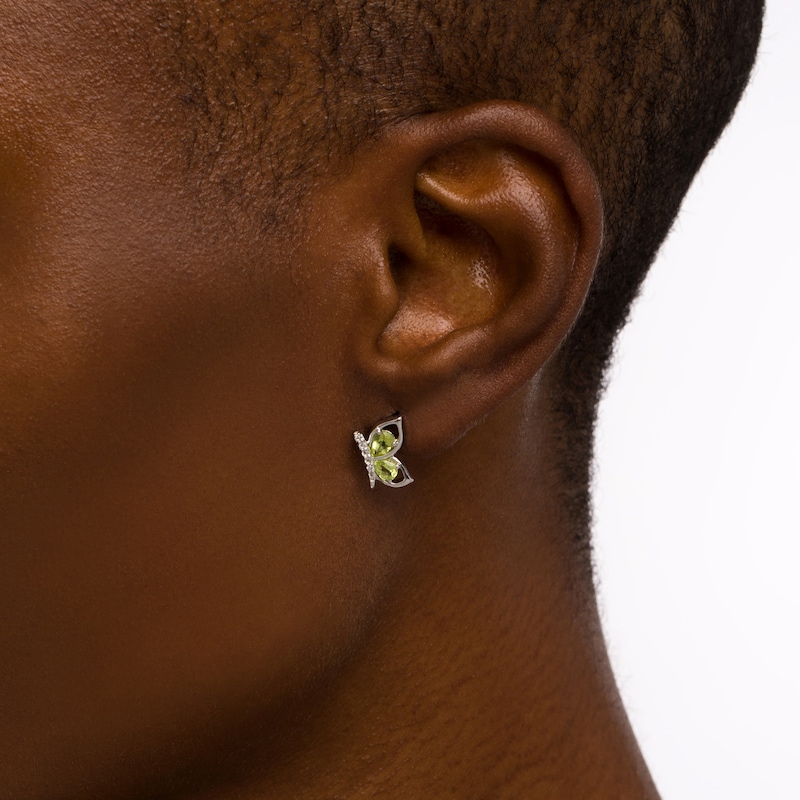 Main Image 2 of Pear-Shaped Peridot and White Lab-Created Sapphire Butterfly Outline Silhouette Stud Earrings in Sterling Silver