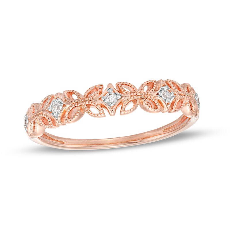 Diamond Accent Art Deco Floral Pattern Vintage-Style Wedding Band in 10K Rose Gold