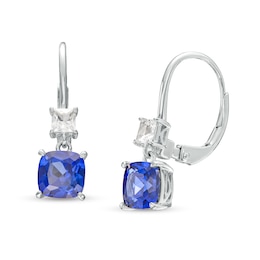 6.0mm Cushion-Cut Blue and White Lab-Created Sapphire Double Drop Earrings in 10K White Gold