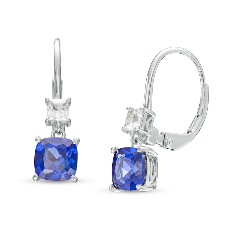 6.0mm Cushion-Cut Blue and White Lab-Created Sapphire Double Drop Earrings in 10K White Gold