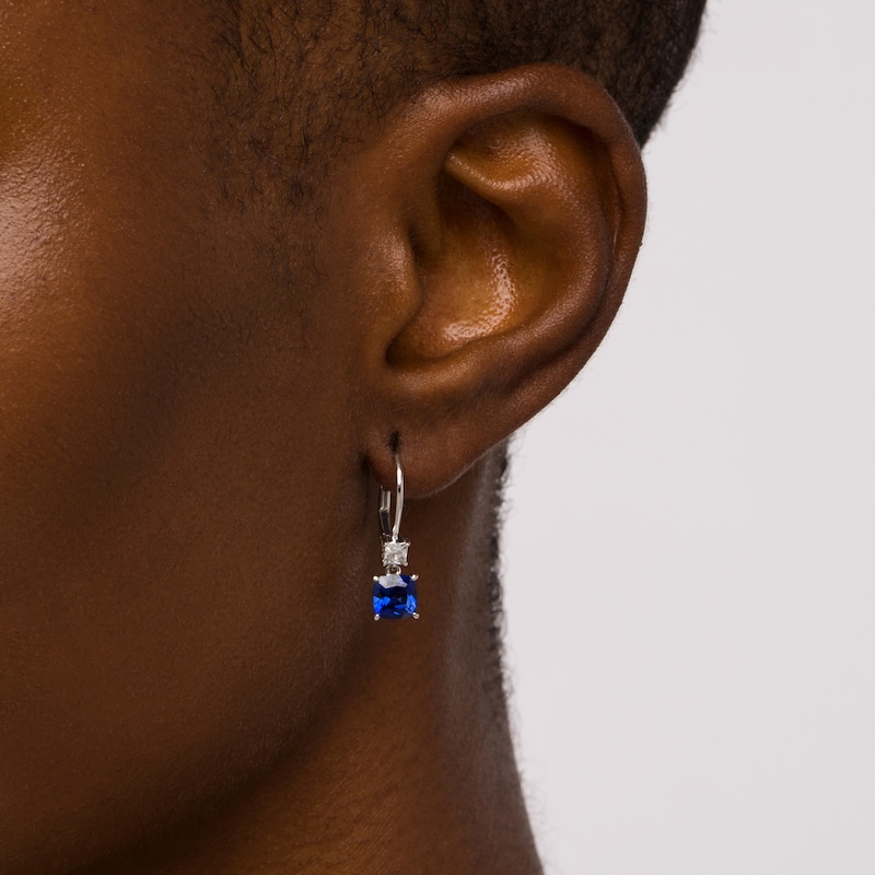 Main Image 2 of 6.0mm Cushion-Cut Blue and White Lab-Created Sapphire Double Drop Earrings in 10K White Gold