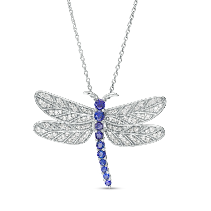 Main Image 1 of Blue and White Lab-Created Sapphire Dragonfly Pendant in Sterling Silver