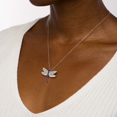 Blue and White Lab-Created Sapphire Dragonfly Pendant in Sterling Silver