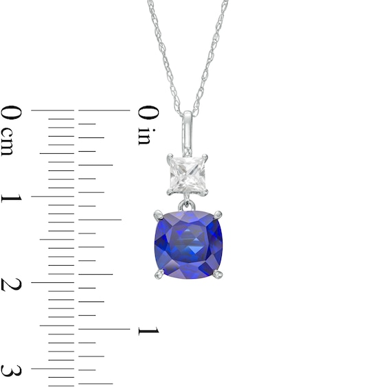 8.0mm Cushion-Cut Blue and White Lab-Created Sapphire Double Drop Pendant in 10K White Gold
