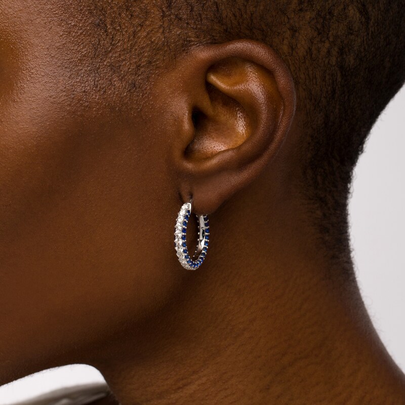Main Image 2 of Blue and White Lab-Created Sapphire Triple Row Hoop Earrings in Sterling Silver