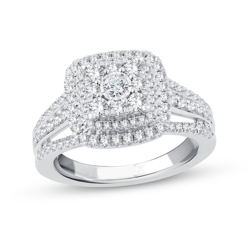0.95 CT. T.W. Cushion-Shaped Multi-Diamond Double Frame Triple Row Engagement Ring in 14K White Gold