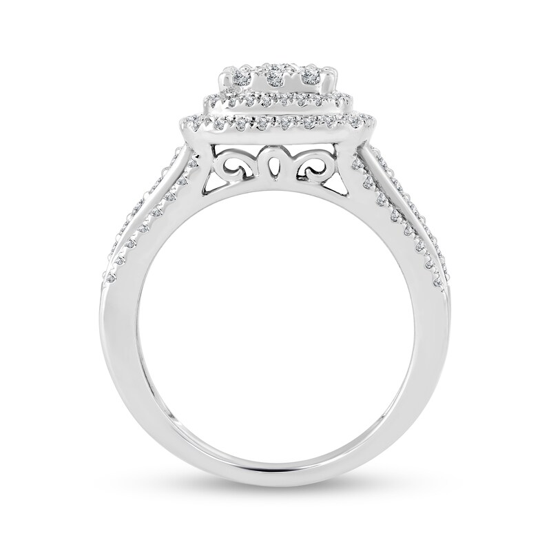 0.95 CT. T.W. Cushion-Shaped Multi-Diamond Double Frame Triple Row Engagement Ring in 14K White Gold|Peoples Jewellers