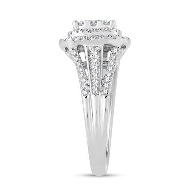 0.95 CT. T.W. Cushion-Shaped Multi-Diamond Double Frame Triple Row Engagement Ring in 14K White Gold