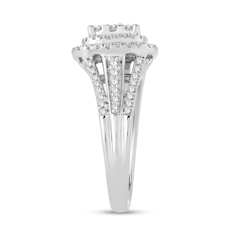 0.95 CT. T.W. Cushion-Shaped Multi-Diamond Double Frame Triple Row Engagement Ring in 14K White Gold