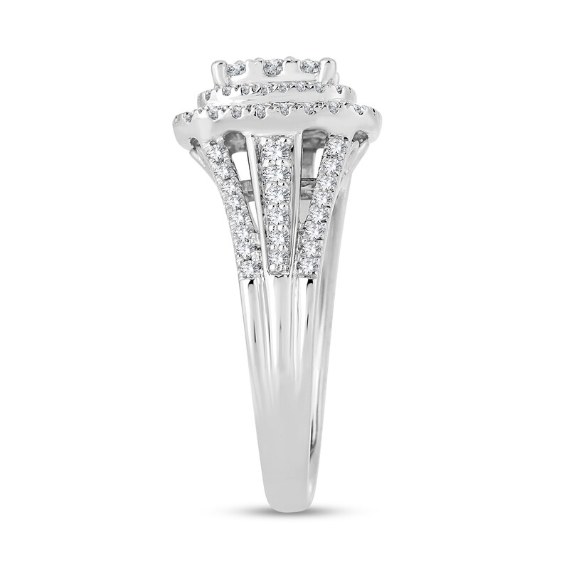 0.95 CT. T.W. Cushion-Shaped Multi-Diamond Double Frame Triple Row Engagement Ring in 14K White Gold|Peoples Jewellers