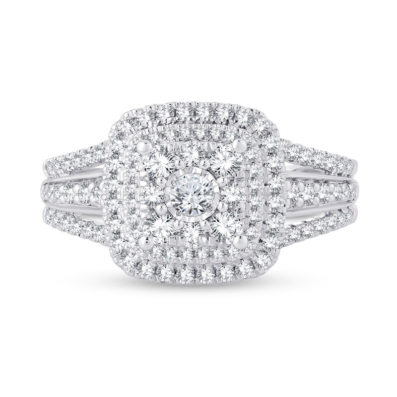 0.95 CT. T.W. Cushion-Shaped Multi-Diamond Double Frame Triple Row Engagement Ring in 14K White Gold|Peoples Jewellers