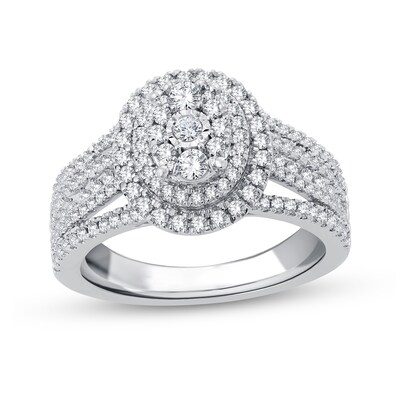 0.95 CT. T.W. Diamond Triple Oval Frame Multi-Row Engagement Ring in 14K White Gold