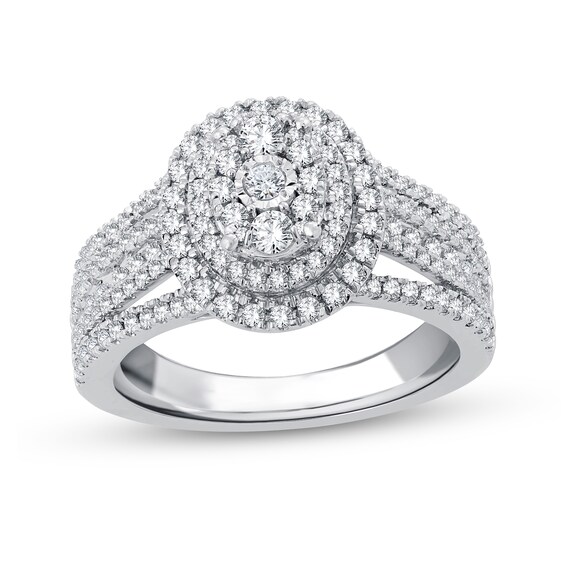 0.95 CT. T.W. Diamond Triple Oval Frame Multi-Row Engagement Ring in 14K White Gold