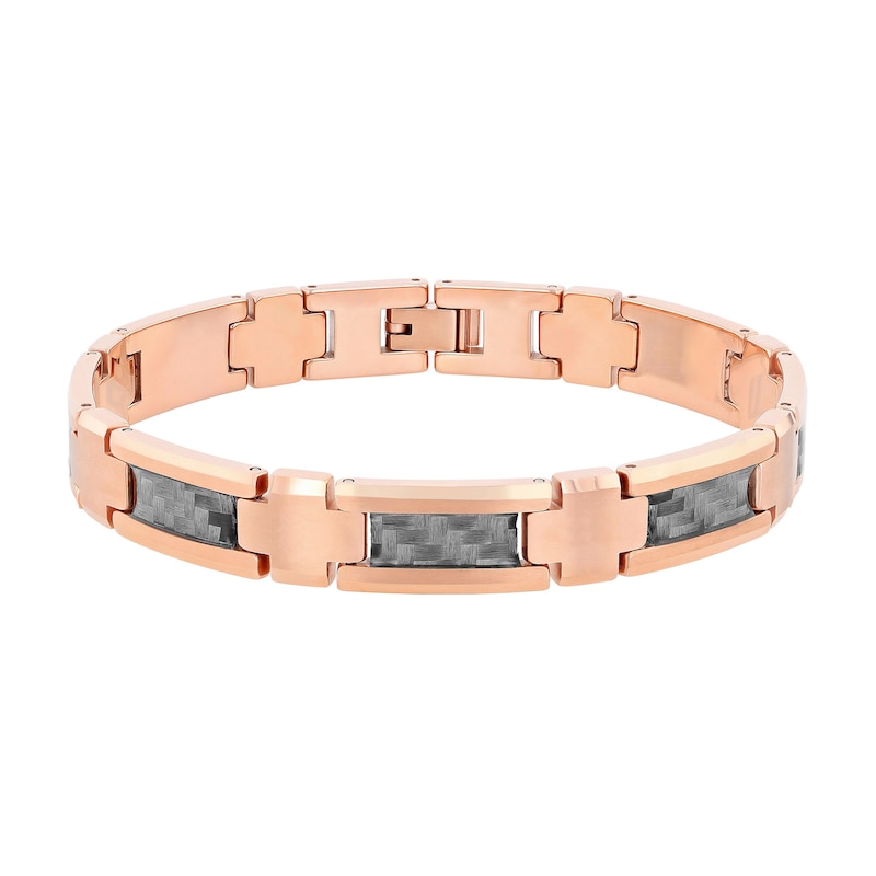Men's Link Bracelet in Tungsten with Rose Ion-Plate and Grey Carbon Fibre – 8.75"|Peoples Jewellers