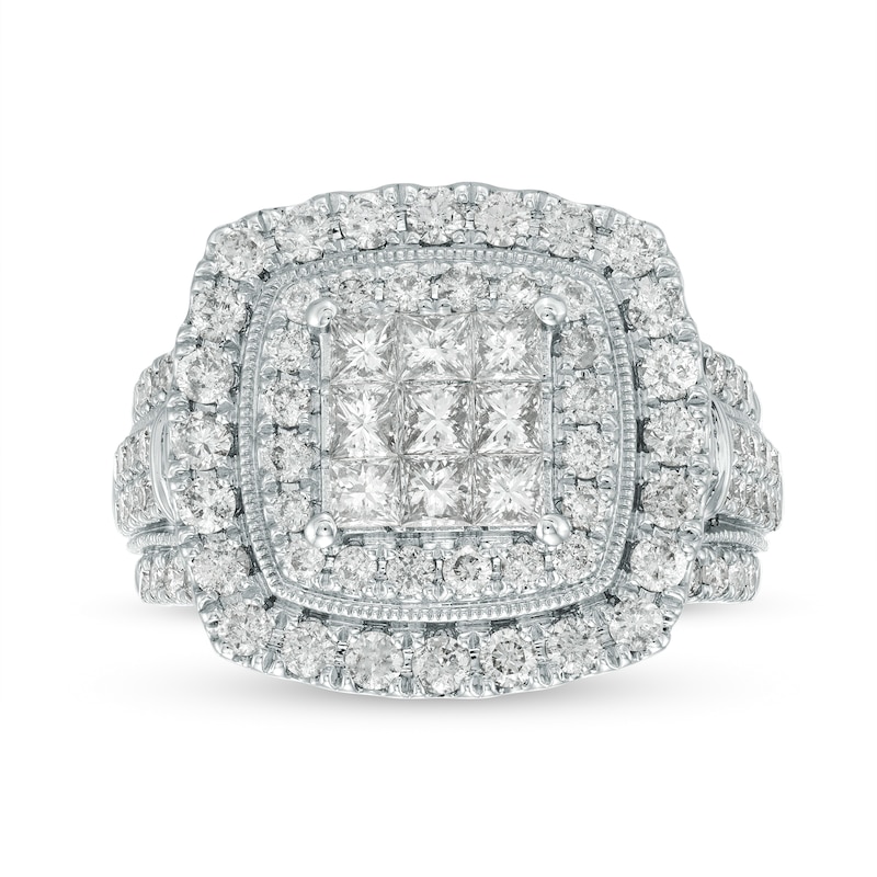 Main Image 4 of 2.00 CT. T.W. Princess-Cut Multi-Diamond Double Frame Vintage-Style Engagement Ring in 10K White Gold