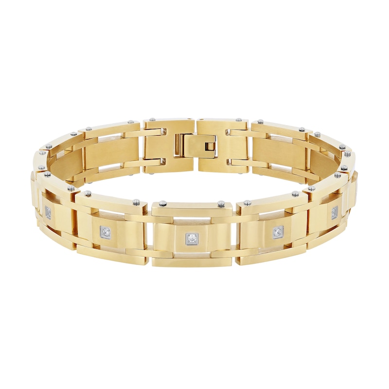Men's 0.24 CT. T.W. Diamond Link Bracelet in Stainless Steel with Yellow Ion-Plate – 8.75"|Peoples Jewellers
