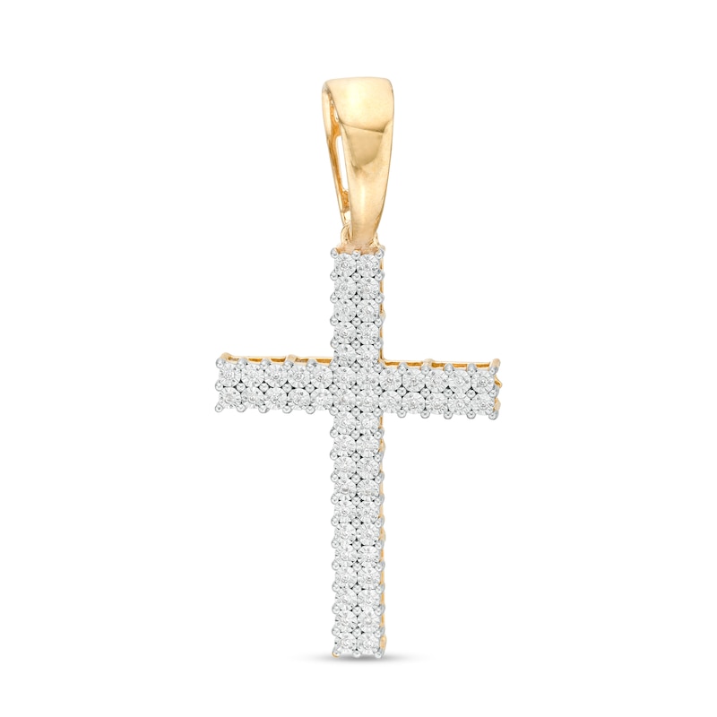 Main Image 1 of Men's 0.15 CT. T.W. Diamond Double Row Cross Necklace Charm in 10K Gold