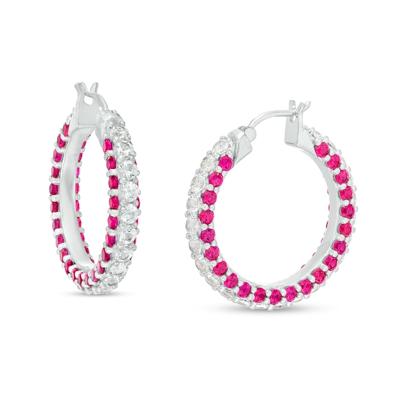 Lab-Created Ruby and White Lab-Created Sapphire Triple Row Hoop Earrings in Sterling Silver