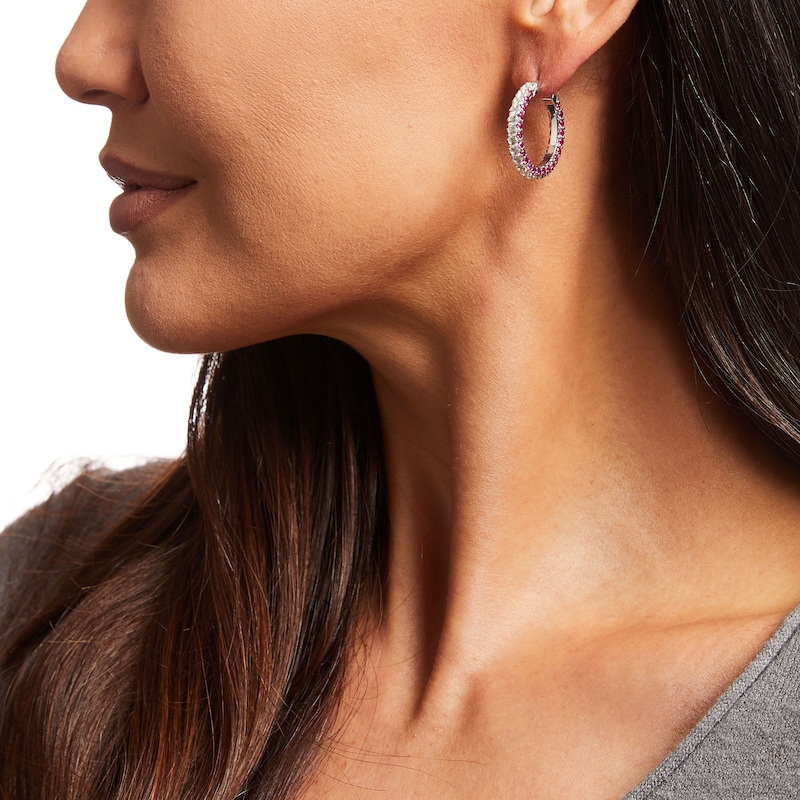 Main Image 2 of Lab-Created Ruby and White Lab-Created Sapphire Triple Row Hoop Earrings in Sterling Silver