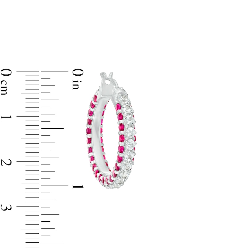 Lab-Created Ruby and White Lab-Created Sapphire Triple Row Hoop Earrings in Sterling Silver