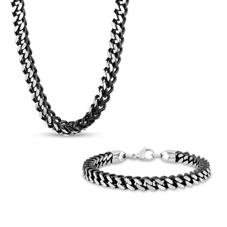 Men's 6.0mm Franco Snake Chain Necklace and Bracelet Set in Solid Stainless Steel  and Black Ion-Plate - 24"