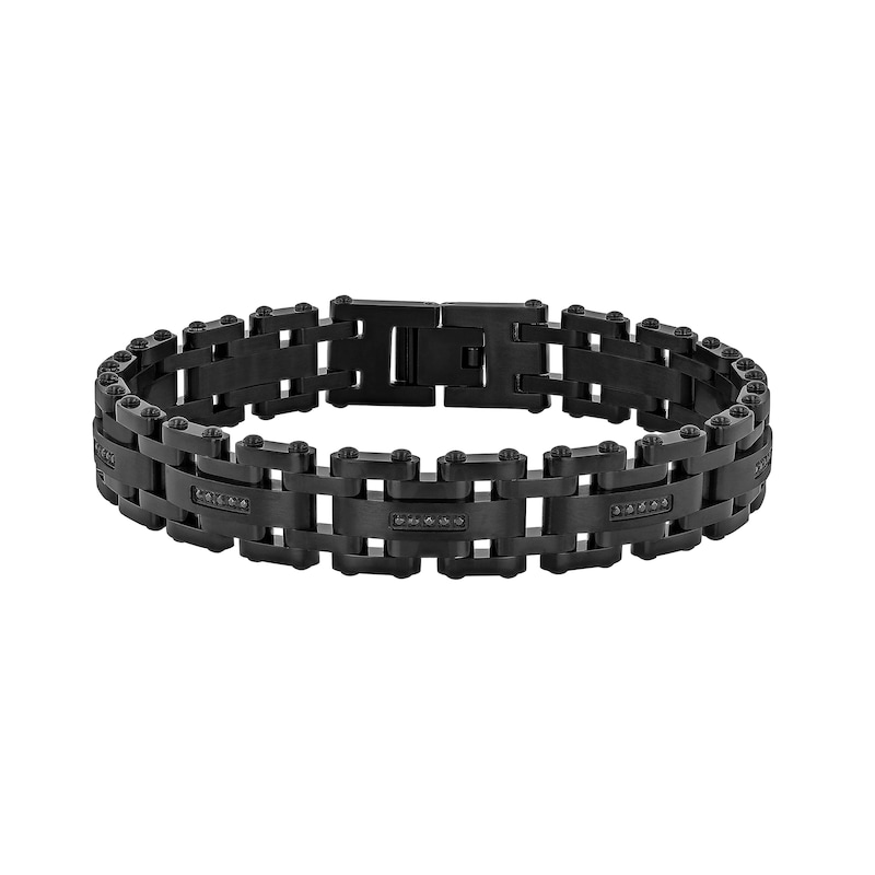 Men's 0.148 CT. T.W. Black Diamond Staggered Link Bracelet in Stainless Steel with Black Ion-Plate - 8.5"|Peoples Jewellers