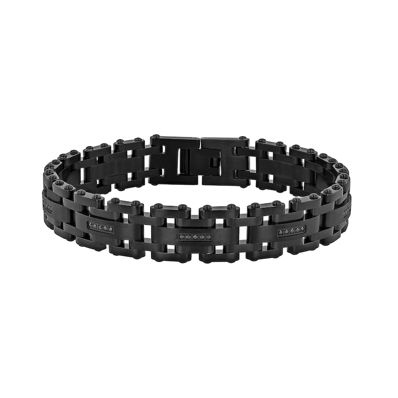 Main Image 1 of Men's 0.148 CT. T.W. Black Diamond Staggered Link Bracelet in Stainless Steel with Black Ion-Plate - 8.5"
