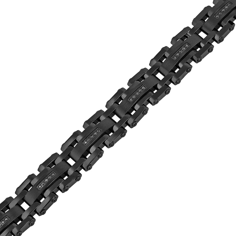 Main Image 2 of Men's 0.148 CT. T.W. Black Diamond Staggered Link Bracelet in Stainless Steel with Black Ion-Plate - 8.5"