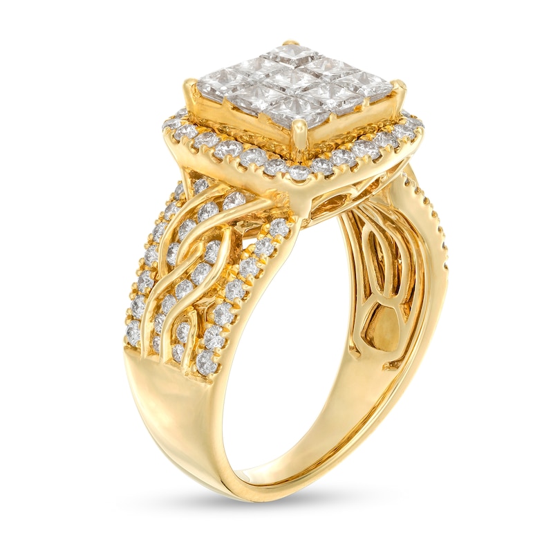 2.00 CT. T.W. Princess-Cut Multi-Diamond Cushion Frame Triple Row Twist Shank Engagement Ring in 14K Gold