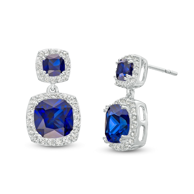 Cushion-Cut Blue and White Lab-Created Sapphire Frame Double Drop Earrings in Sterling Silver