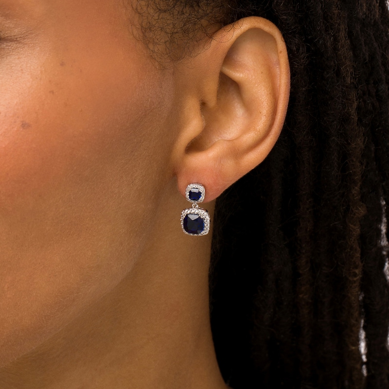 Cushion-Cut Blue and White Lab-Created Sapphire Frame Double Drop Earrings in Sterling Silver