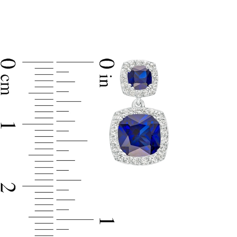 Cushion-Cut Blue and White Lab-Created Sapphire Frame Double Drop Earrings in Sterling Silver