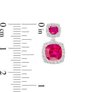 Cushion-Cut Lab-Created Ruby and White Lab-Created Sapphire Frame Double Drop Earrings in Sterling Silver