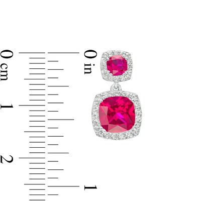 Cushion-Cut Lab-Created Ruby and White Lab-Created Sapphire Frame Double Drop Earrings in Sterling Silver