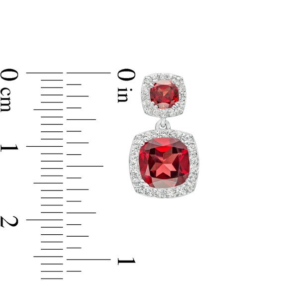 Cushion-Cut Garnet and White Lab-Created Sapphire Frame Double Drop Earrings in Sterling Silver