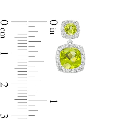 Cushion-Cut Peridot and White Lab-Created Sapphire Frame Double Drop Earrings in Sterling Silver
