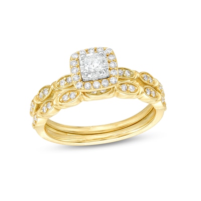 0.40 CT. T.W. Princess-Cut Diamond Cushion Frame Art Deco Bridal Set in 10K Gold