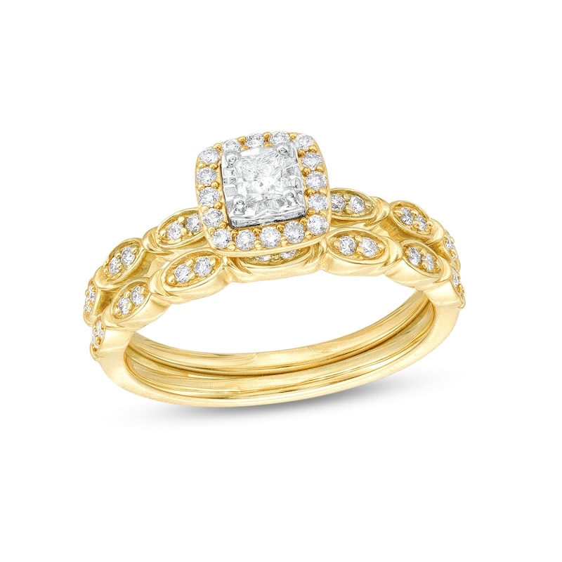 0.40 CT. T.W. Princess-Cut Diamond Cushion Frame Art Deco Bridal Set in 10K Gold