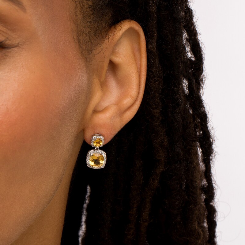 Main Image 2 of Cushion-Cut Citrine and White Lab-Created Sapphire Frame Double Drop Earrings in Sterling Silver
