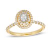 Thumbnail Image 1 of 0.45 CT. T.W. Oval Diamond Double Frame Vintage-Style Scallop Shank Engagement Ring in 14K Gold (I/SI2)