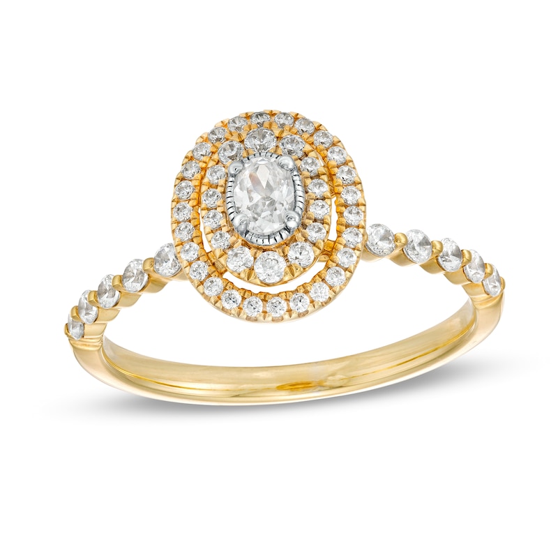 0.45 CT. T.W. Oval Diamond Double Frame Vintage-Style Scallop Shank Engagement Ring in 14K Gold (I/SI2)