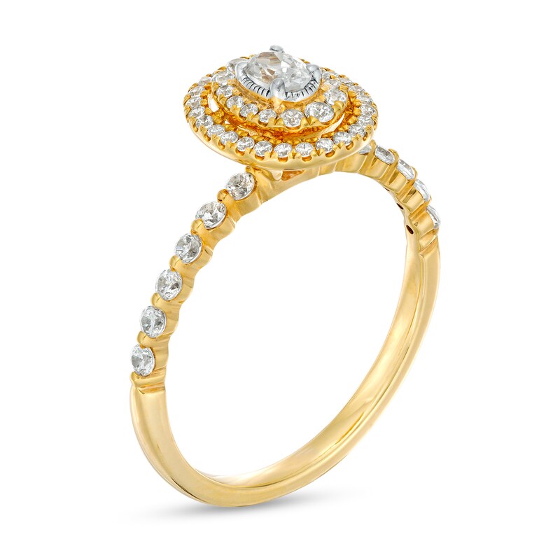 Main Image 3 of 0.45 CT. T.W. Oval Diamond Double Frame Vintage-Style Scallop Shank Engagement Ring in 14K Gold (I/SI2)