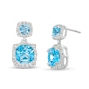 Cushion-Cut Swiss Blue Topaz and White Lab-Created Sapphire Frame Double Drop Earrings in Sterling Silver