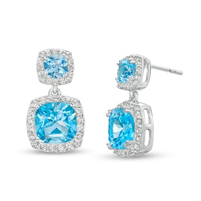 Cushion-Cut Swiss Blue Topaz and White Lab-Created Sapphire Frame Double Drop Earrings in Sterling Silver