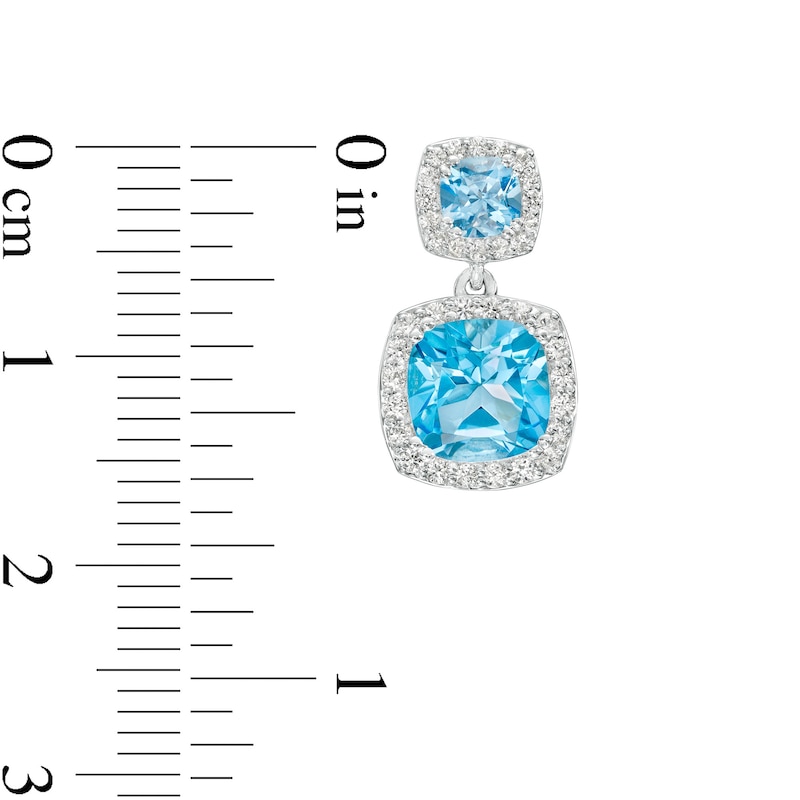 Cushion-Cut Swiss Blue Topaz and White Lab-Created Sapphire Frame Double Drop Earrings in Sterling Silver