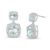 Thumbnail Image 1 of Cushion-Cut Aquamarine and White Lab-Created Sapphire Frame Double Drop Earrings in Sterling Silver