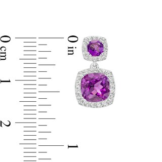 Cushion-Cut Amethyst and White Lab-Created Sapphire Frame Double Drop Earrings in Sterling Silver